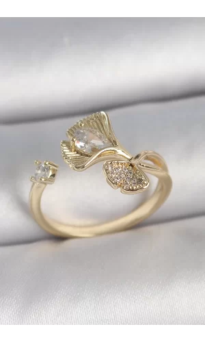 Pirinç Gold Renk Zirkon Taşlı Deniz Kabuğu Model Ayarlanabilir Kadın Yüzük