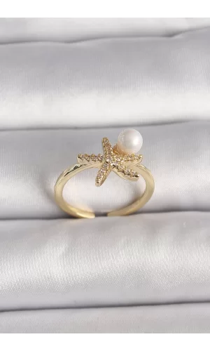 Pirinç Gold Renk Zirkon Taşlı Deniz Yıldızı Model İnci Detay Ayarlababilir Yüzük