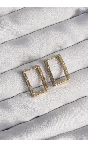Pirinç Gold Renk Zirkon Taşlı Dikdörtgen Model Seranay Küpe