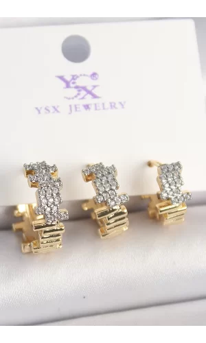 Pirinç Gold Renk Zirkon Taşlı Dorika Model 3Lü Kadın Kombin Küpe