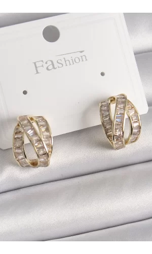 Pirinç Gold Renk Zirkon Taşlı Düğüm Halka Model Kadın Küpe