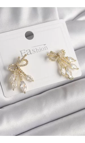 Pirinç Gold Renk Zirkon Taşlı Düğüm Model Damla Zirkon Taşlı Kadın Küpe