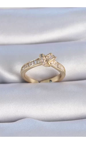 Pirinç Gold Renk Zirkon Taşlı Düğüm Model Kadın Yüzük