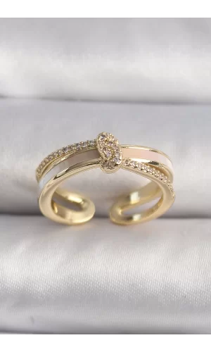 Pirinç Gold Renk Zirkon Taşlı Düğüm Model VIP Seri Kadın Yüzük