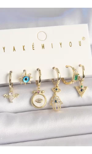 Pirinç Gold Renk Zirkon Taşlı Fatma Ana El Figür Nazar Boncuk Detay 6Lı Kadın Kombin Küpe