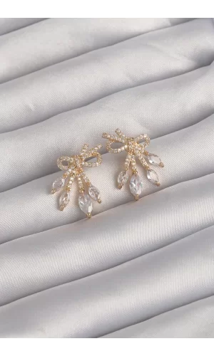 Pirinç Gold Renk Zirkon Taşlı Fiyonk Küpe