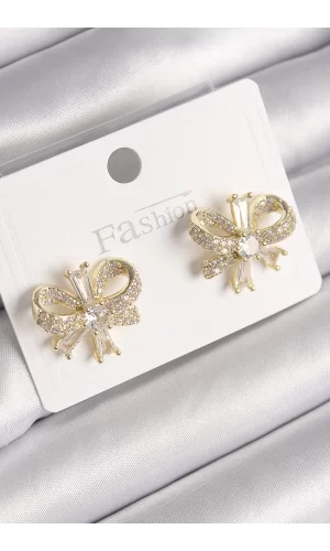 Pirinç Gold Renk Zirkon Taşlı Fiyonk Model Kadın Küpe
