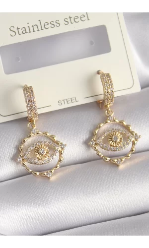 Pirinç Gold Renk Zirkon Taşlı Göz Model Kadın Küpe