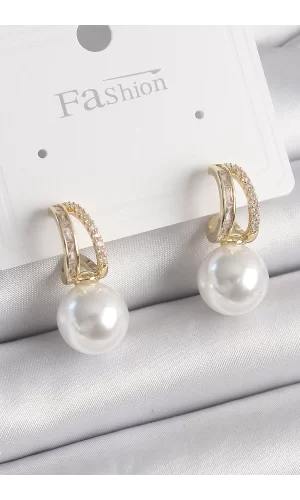 Pirinç Gold Renk Zirkon Taşlı Halka İncili Kadın Küpe