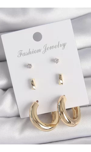 Pirinç Gold Renk Zirkon Taşlı Halka Model 3 Çift Kadın Küpe Seti