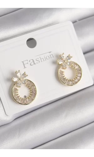 Pirinç Gold Renk Zirkon Taşlı Halka Model Çiçek Figür Kadın Küpe