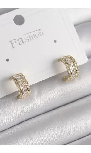 Pirinç Gold Renk Zirkon Taşlı Halka Model Kadın Küpe