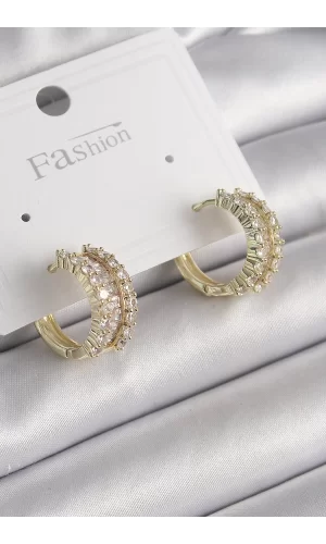 Pirinç Gold Renk Zirkon Taşlı Halka Model Kadın Küpe
