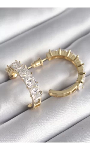 Pirinç Gold Renk Zirkon Taşlı Halka Model Kadın Küpe