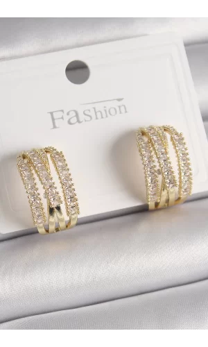 Pirinç Gold Renk Zirkon Taşlı Halka Model Kadın Küpe