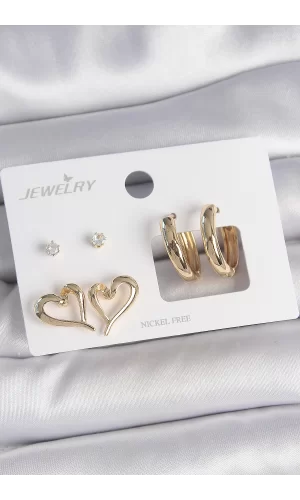 Pirinç Gold Renk Zirkon Taşlı Halka Model Kalp Detay 3 Çift Kadın Küpe Seti