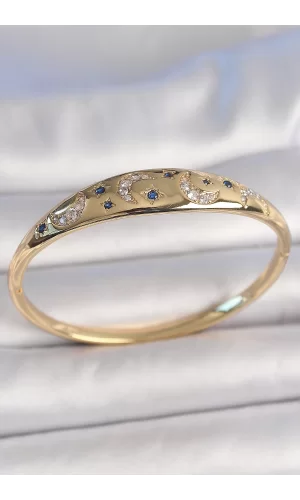 Pirinç Gold Renk Zirkon Taşlı Hilal İşleme Mavi Taşlı Yıldız Detay Kadın Kelepçe