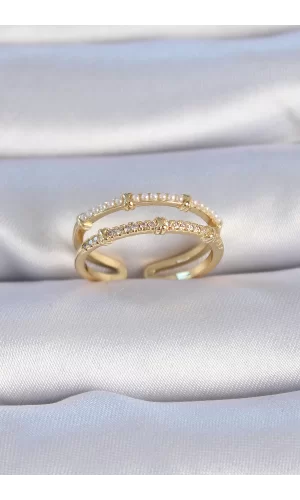Pirinç Gold Renk Zirkon Taşlı İnci Detay Kadın Yüzük