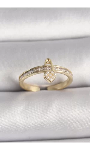 Pirinç Gold Renk Zirkon Taşlı İnci Detay Kilit Kalp Figür Ayarlanabilir Yüzük