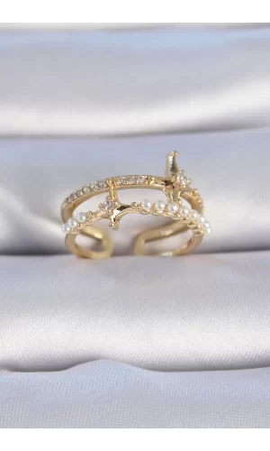 Pirinç Gold Renk Zirkon Taşlı İnci Detay Kutup Yıldızı Model Kadın Yüzük