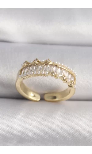 Pirinç Gold Renk Zirkon Taşlı İnci Detay VIP Seri Kadın Yüzük