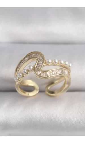 Pirinç Gold Renk Zirkon Taşlı İnci Detay VIP Seri Kadın Yüzük