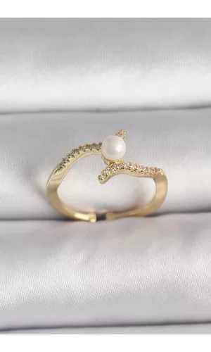 Pirinç Gold Renk Zirkon Taşlı İncili Ayarlanabilir Yüzük