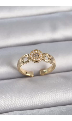 Pirinç Gold Renk Zirkon Taşlı İncili Kalp İşleme Detay Ayarlanabilir Kadın Yüzük