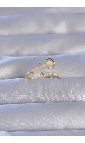 Pirinç Gold Renk Zirkon Taşlı İncili Satürn Model Ayarlanabilir Yüzük