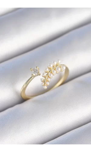 Pirinç Gold Renk Zirkon Taşlı İncili Yaprak Model Kadın Yüzük