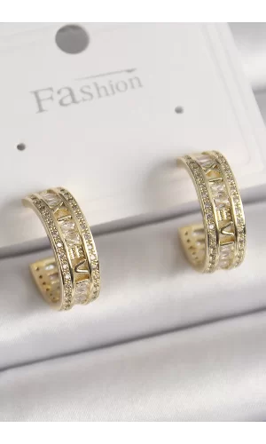 Pirinç Gold Renk Zirkon Taşlı İşleme Detay Halka Model Kadın Küpe