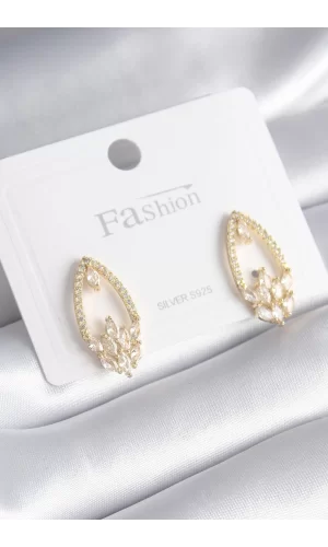 Pirinç Gold Renk Zirkon Taşlı Kadın Küpe
