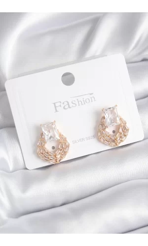 Pirinç Gold Renk Zirkon Taşlı Kadın Küpe