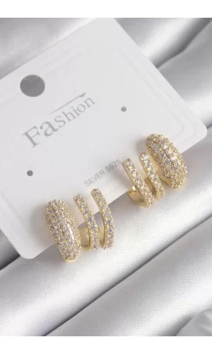 Pirinç Gold Renk Zirkon Taşlı Kadın Küpe