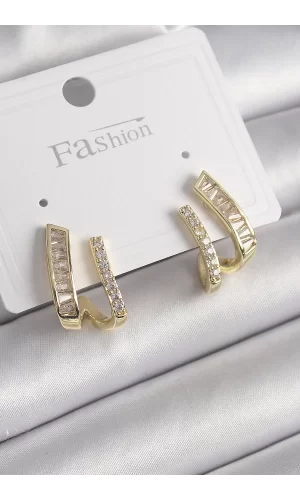 Pirinç Gold Renk Zirkon Taşlı Kadın Küpe