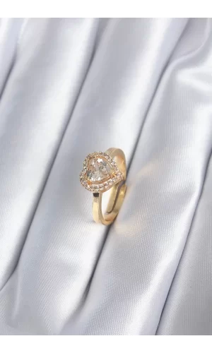 Pirinç Gold Renk Zirkon Taşlı Kalp Charm Model Kadın Yüzük