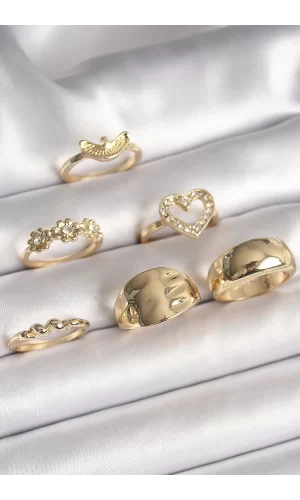 Pirinç Gold Renk Zirkon Taşlı Kalp Figür Çiçek Detay 6Lı Kadın Yüzük Seti