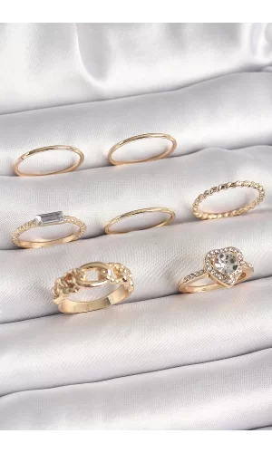 Pirinç Gold Renk Zirkon Taşlı Kalp Figür Düğüm Detay Kadın Yüzük Kombini