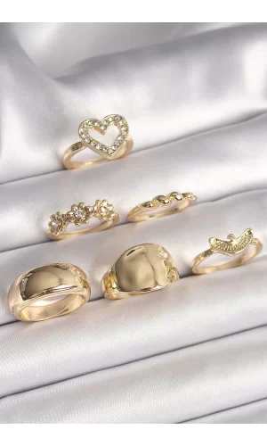 Pirinç Gold Renk Zirkon Taşlı Kalp Figür Kuş Detay 6Lı Kadın Yüzük Seti