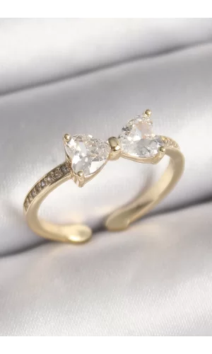 Pirinç Gold Renk Zirkon Taşlı Kalp Fiyonk Model Kadın Yüzük