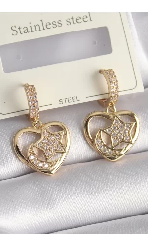 Pirinç Gold Renk Zirkon Taşlı Kalp Model Ay Yıldız İşleme Kadın Küpe