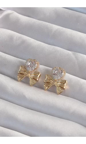 Pirinç Gold Renk Zirkon Taşlı Kalp Model Fiyonk Küpe