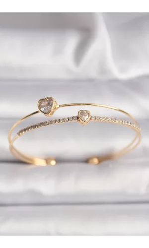 Pirinç Gold Renk Zirkon Taşlı Kalp Model Kadın Bileklik