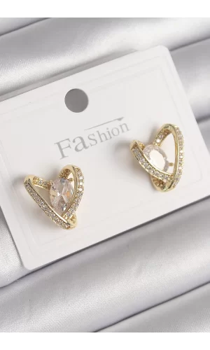 Pirinç Gold Renk Zirkon Taşlı Kalp Model Kadın Küpe