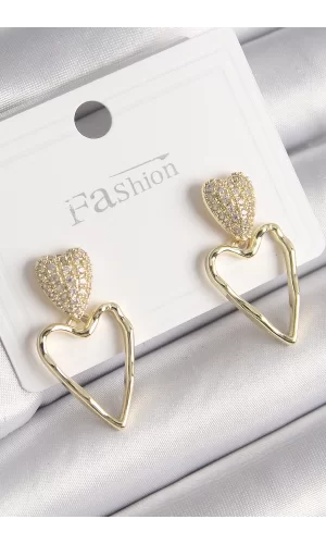 Pirinç Gold Renk Zirkon Taşlı Kalp Model Kadın Küpe