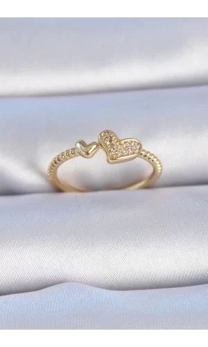 Pirinç Gold Renk Zirkon Taşlı Kalp Model Kadın Yüzük