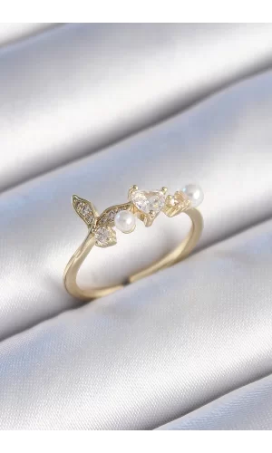 Pirinç Gold Renk Zirkon Taşlı Kalp Yaprak Model İnci Detay Kadın Yüzük