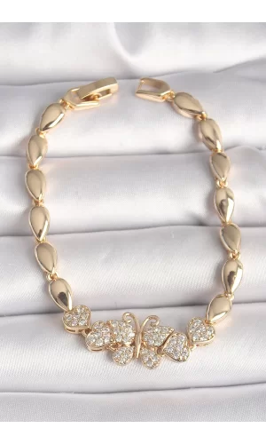 Pirinç Gold Renk Zirkon Taşlı Kelebek Figür Damla Zincir Model Kadın Bileklik