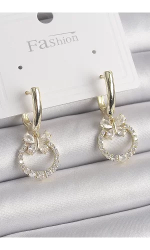 Pirinç Gold Renk Zirkon Taşlı Kelebek Figür Sallantı Model Kadın Küpe
