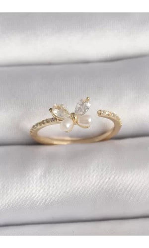 Pirinç Gold Renk Zirkon Taşlı Kelebek Mode İnci Detay Ayarlanabilir Yüzük